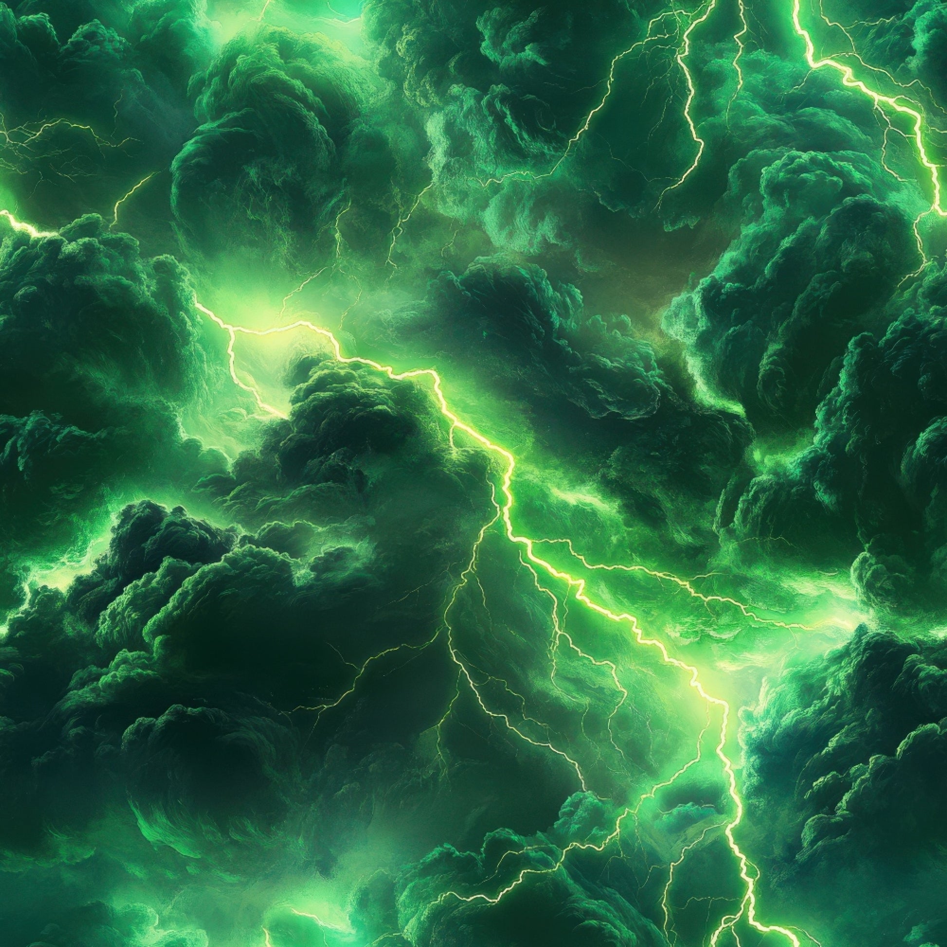 green, emerald, lime green, thunderbolt, lightning bolts, storm clouds, dramatic sky, electric pattern, stormy weather, quilting cotton, fabric panel, nature scene, atmospheric, moody, tempest, electrical storm, cloud formations, bright lightning, storm system, weather pattern