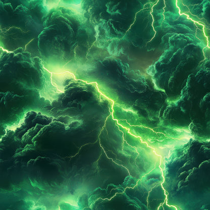 green, emerald, lime green, thunderbolt, lightning bolts, storm clouds, dramatic sky, electric pattern, stormy weather, quilting cotton, fabric panel, nature scene, atmospheric, moody, tempest, electrical storm, cloud formations, bright lightning, storm system, weather pattern