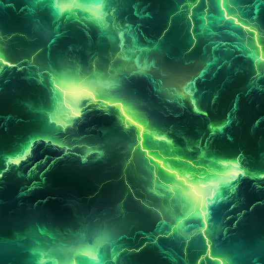 green, emerald, lime green, thunderbolt, lightning bolts, storm clouds, dramatic sky, electric pattern, stormy weather, quilting cotton, fabric panel, nature scene, atmospheric, moody, tempest, electrical storm, cloud formations, bright lightning, storm system, weather pattern