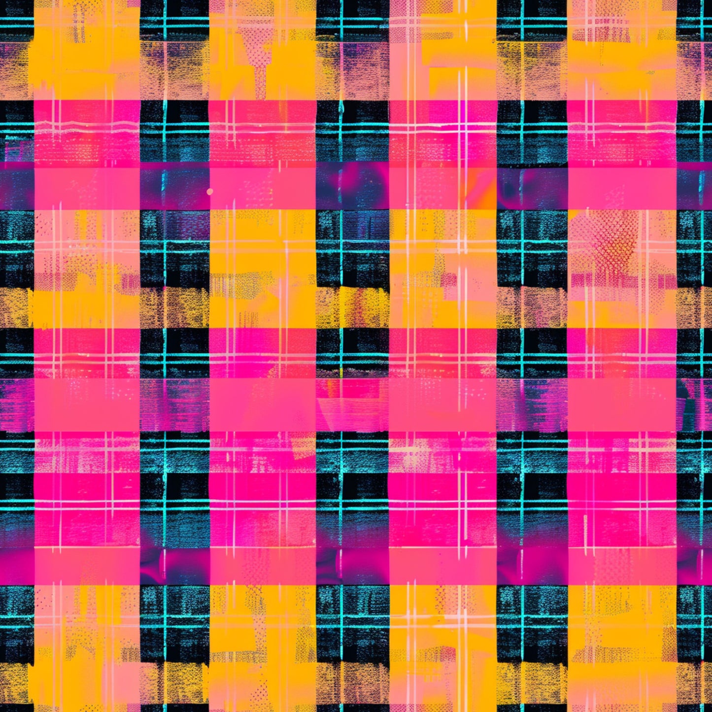 neon pink, electric orange, bright yellow, cyan blue, black, gingham pattern, plaid design, checkered squares, grid lines, distressed texture, grunge effect, digital glitch, modern geometric, vibrant colors, quilting cotton, fabric panel, contemporary style, neon aesthetic, layered pattern, textured blocks