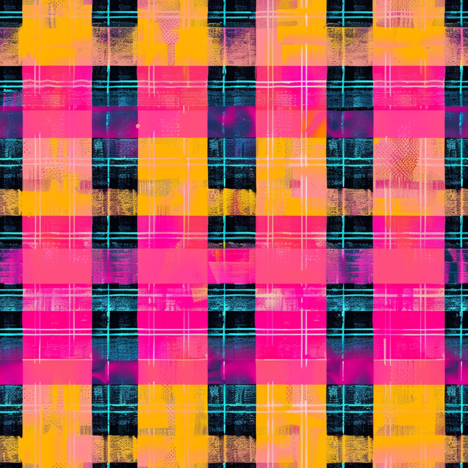 neon pink, electric orange, bright yellow, cyan blue, black, gingham pattern, plaid design, checkered squares, grid lines, distressed texture, grunge effect, digital glitch, modern geometric, vibrant colors, quilting cotton, fabric panel, contemporary style, neon aesthetic, layered pattern, textured blocks