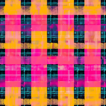 neon pink, electric orange, bright yellow, cyan blue, black, gingham pattern, plaid design, checkered squares, grid lines, distressed texture, grunge effect, digital glitch, modern geometric, vibrant colors, quilting cotton, fabric panel, contemporary style, neon aesthetic, layered pattern, textured blocks