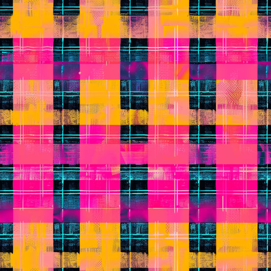 neon pink, electric orange, bright yellow, cyan blue, black, gingham pattern, plaid design, checkered squares, grid lines, distressed texture, grunge effect, digital glitch, modern geometric, vibrant colors, quilting cotton, fabric panel, contemporary style, neon aesthetic, layered pattern, textured blocks