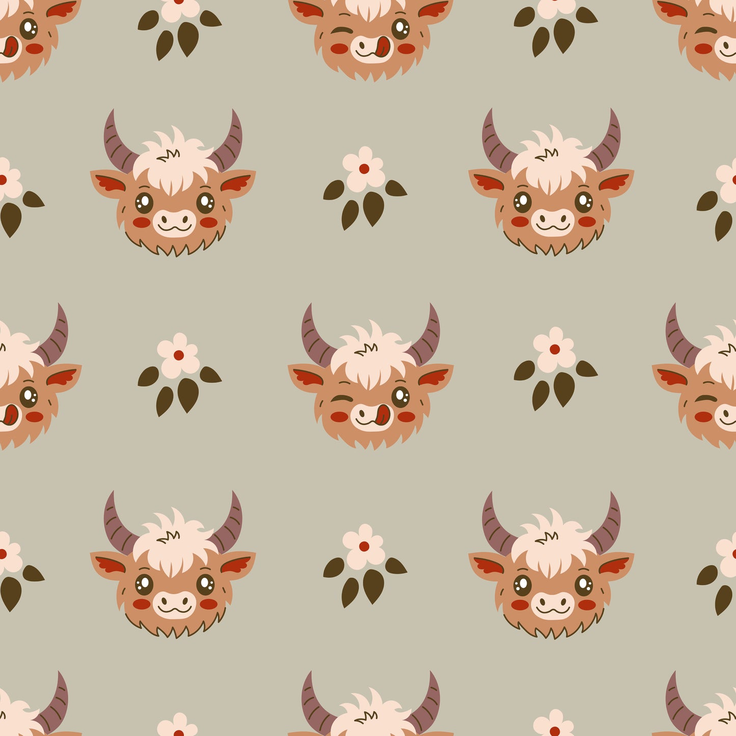 cute baby cows, highland cattle, kawaii style, cartoon animals, brown horns, fluffy fur, pink flowers, olive green leaves, beige background, quilting cotton, fabric panel, repeating pattern, adorable faces, pastoral theme, farm animals, soft colors, whimsical design, children's fabric, nursery decor
