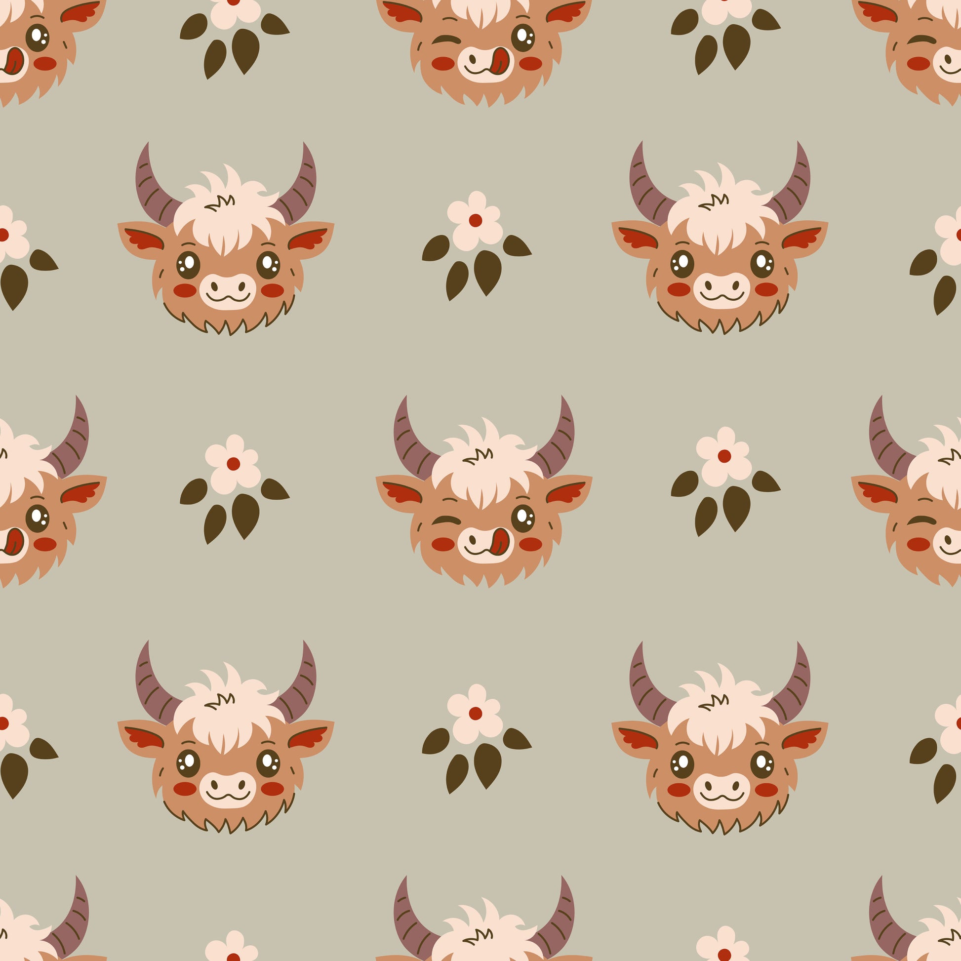 cute baby cows, highland cattle, kawaii style, cartoon animals, brown horns, fluffy fur, pink flowers, olive green leaves, beige background, quilting cotton, fabric panel, repeating pattern, adorable faces, pastoral theme, farm animals, soft colors, whimsical design, children's fabric, nursery decor