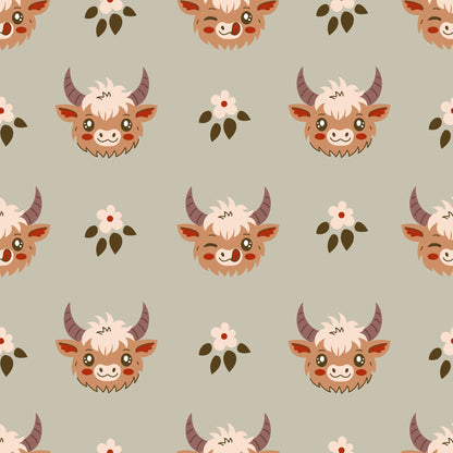 cute baby cows, highland cattle, kawaii style, cartoon animals, brown horns, fluffy fur, pink flowers, olive green leaves, beige background, quilting cotton, fabric panel, repeating pattern, adorable faces, pastoral theme, farm animals, soft colors, whimsical design, children's fabric, nursery decor