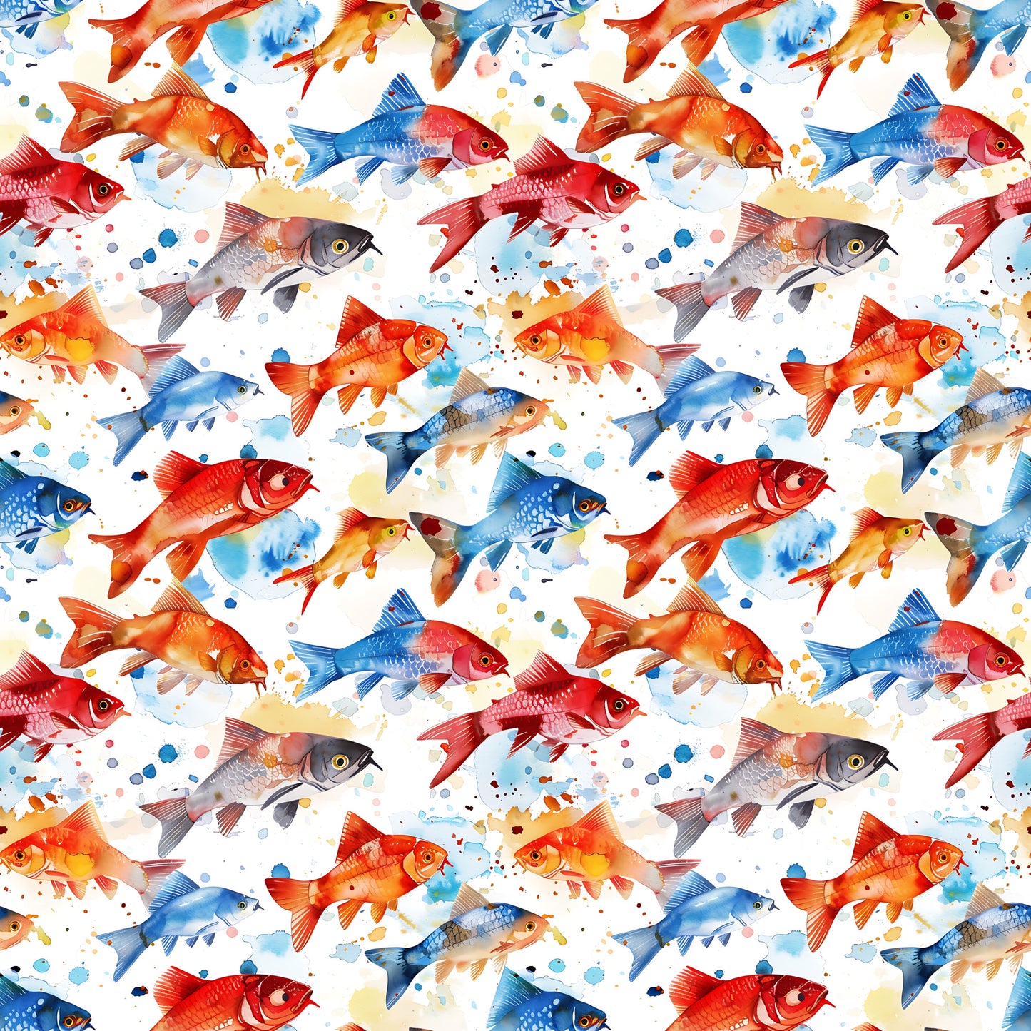 watercolor fish, aquatic pattern, red fish, blue fish, orange fish, swimming motif, sea creatures, artistic watercolor, splashes, paint drops, quilting cotton, fabric panel, marine life, colorful fish, watercolor style, ocean theme, repeating pattern, bright colors, fish silhouettes, aquarium design