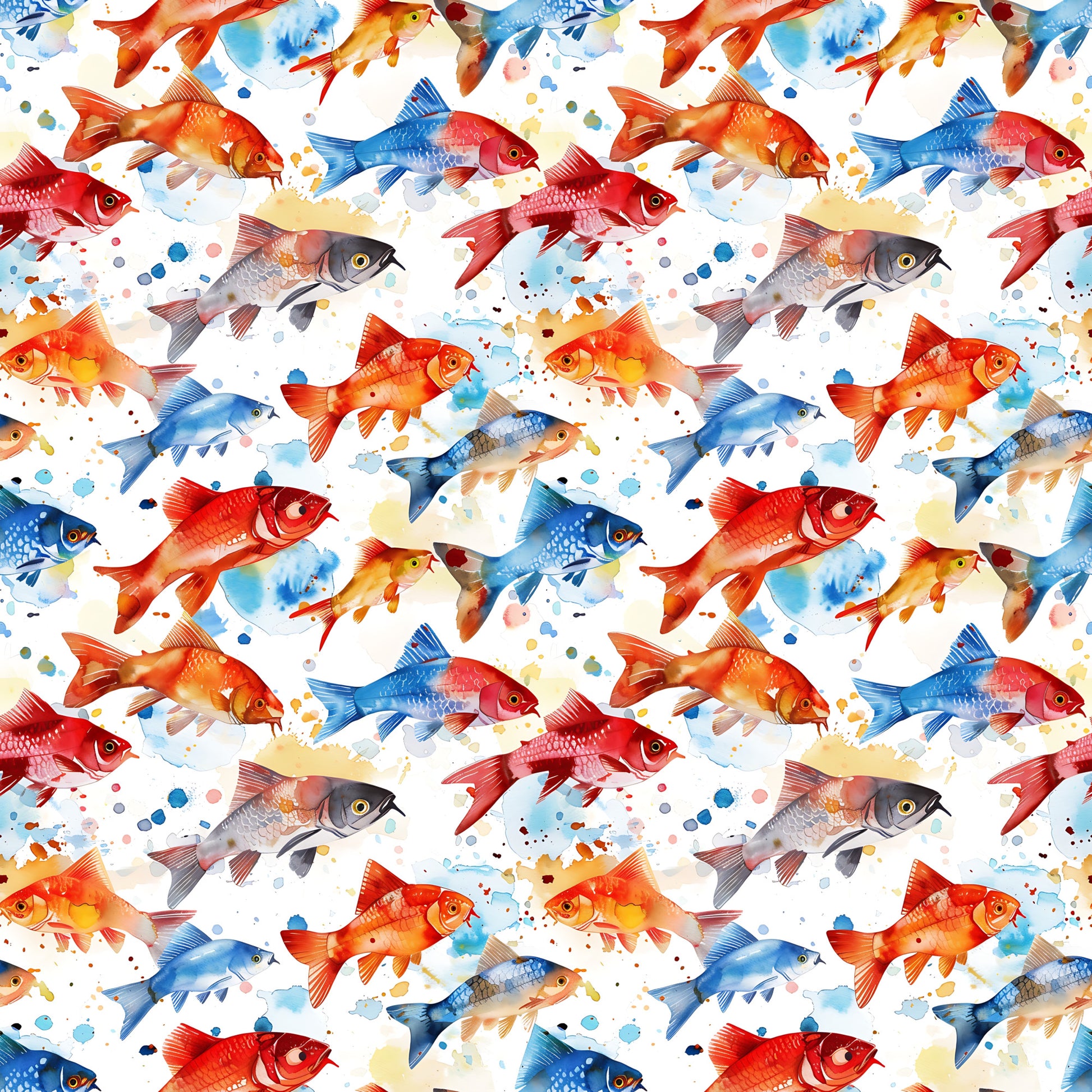 watercolor fish, aquatic pattern, red fish, blue fish, orange fish, swimming motif, sea creatures, artistic watercolor, splashes, paint drops, quilting cotton, fabric panel, marine life, colorful fish, watercolor style, ocean theme, repeating pattern, bright colors, fish silhouettes, aquarium design