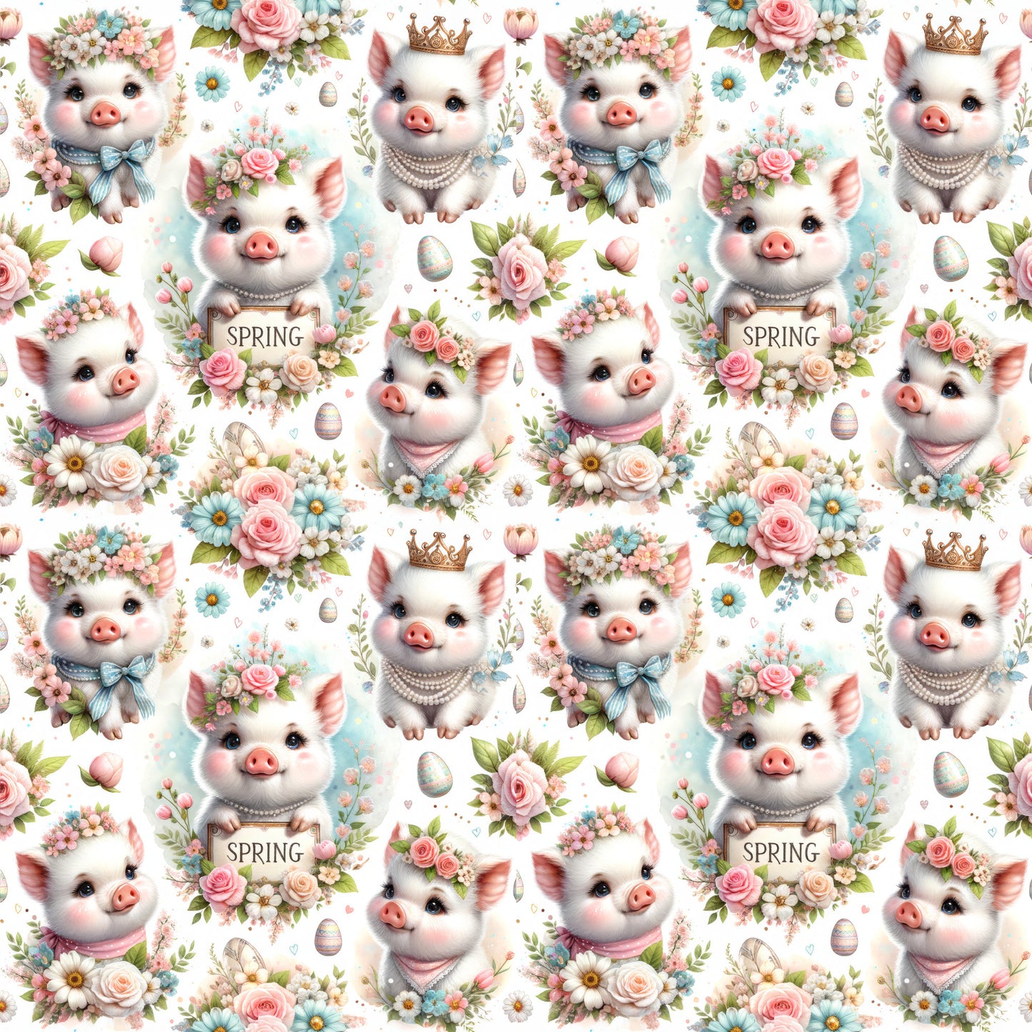 piglets, baby pigs, spring flowers, pastel pink, soft blue, cream white, floral crowns, pearl necklaces, golden crowns, bow ties, roses, daisies, easter eggs, whimsical pattern, cute animals, quilting cotton, fabric panel, repeating design, adorable characters, spring theme, nursery fabric