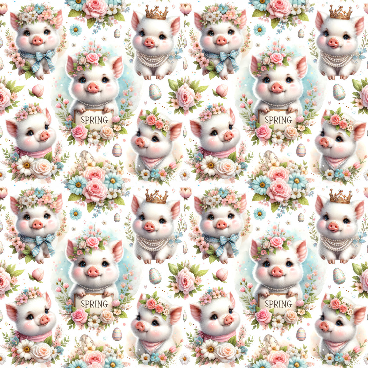piglets, baby pigs, spring flowers, pastel pink, soft blue, cream white, floral crowns, pearl necklaces, golden crowns, bow ties, roses, daisies, easter eggs, whimsical pattern, cute animals, quilting cotton, fabric panel, repeating design, adorable characters, spring theme, nursery fabric