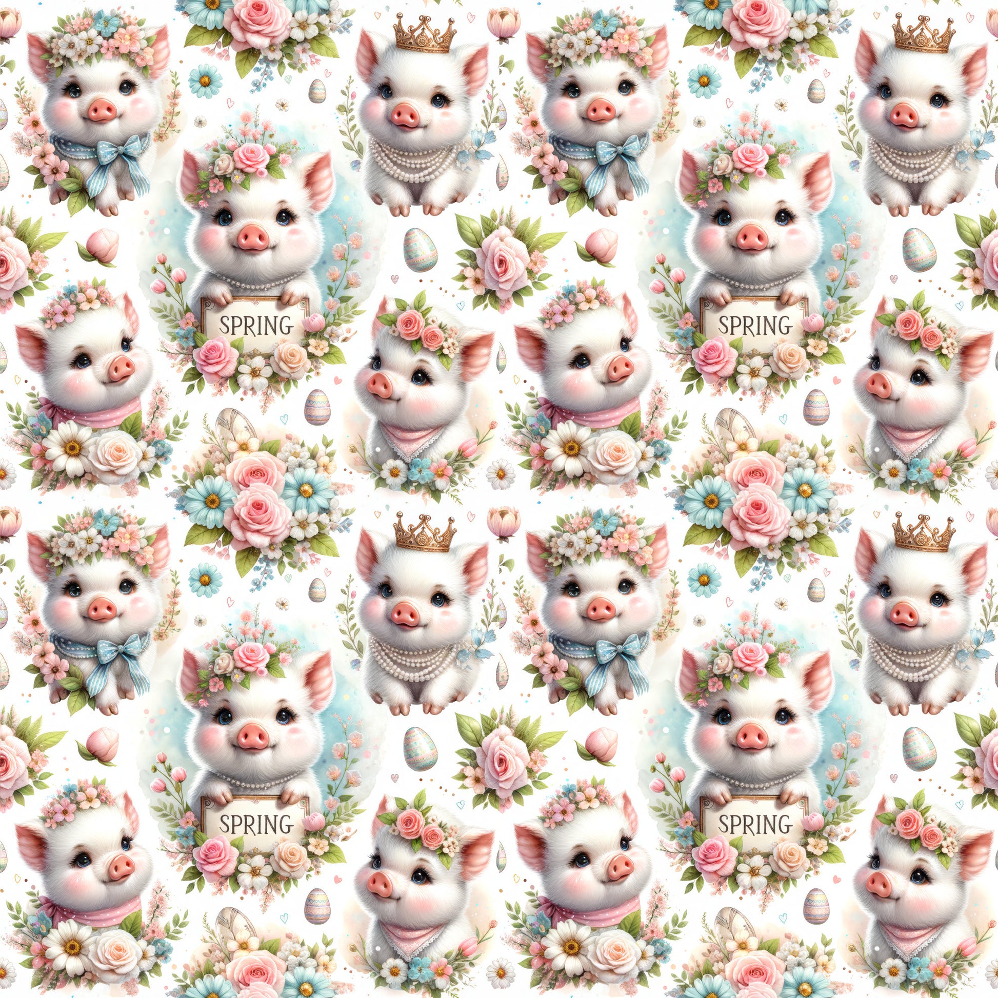 piglets, baby pigs, spring flowers, pastel pink, soft blue, cream white, floral crowns, pearl necklaces, golden crowns, bow ties, roses, daisies, easter eggs, whimsical pattern, cute animals, quilting cotton, fabric panel, repeating design, adorable characters, spring theme, nursery fabric
