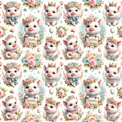 piglets, baby pigs, spring flowers, pastel pink, soft blue, cream white, floral crowns, pearl necklaces, golden crowns, bow ties, roses, daisies, easter eggs, whimsical pattern, cute animals, quilting cotton, fabric panel, repeating design, adorable characters, spring theme, nursery fabric