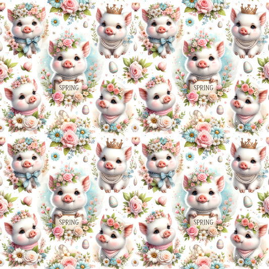 piglets, baby pigs, spring flowers, pastel pink, soft blue, cream white, floral crowns, pearl necklaces, golden crowns, bow ties, roses, daisies, easter eggs, whimsical pattern, cute animals, quilting cotton, fabric panel, repeating design, adorable characters, spring theme, nursery fabric