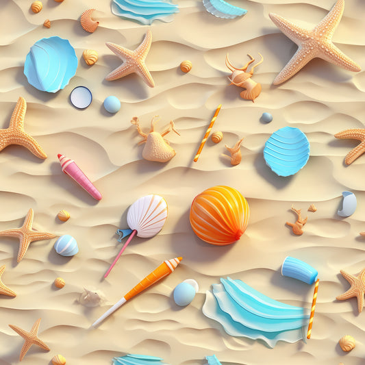 beach theme, sandy beige, turquoise blue, coral orange, seashells, starfish, quilting cotton, fabric panel, summer vibes, ocean treasures, coastal pattern, warm tones, nautical elements, seaside motif, tropical colors, marine life, beach vacation, soft pastels, repeating pattern, crafting material