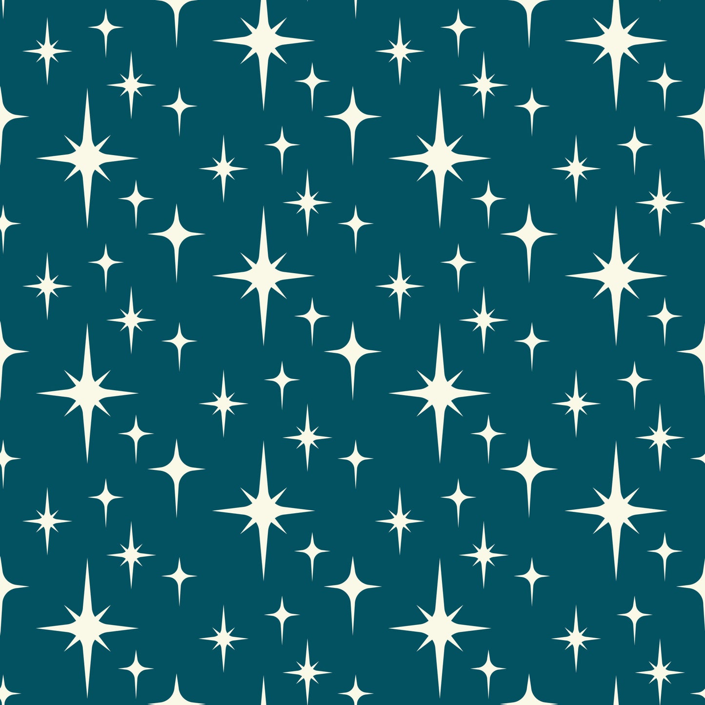teal background, cream stars, white starbursts, atomic pattern, mid-century modern, retro design, geometric shapes, starburst motifs, quilting cotton, fabric panel, celestial theme, space age style, vintage inspired, repeating pattern, crafting material, sewing fabric, cotton textile, atomic era, modern aesthetic