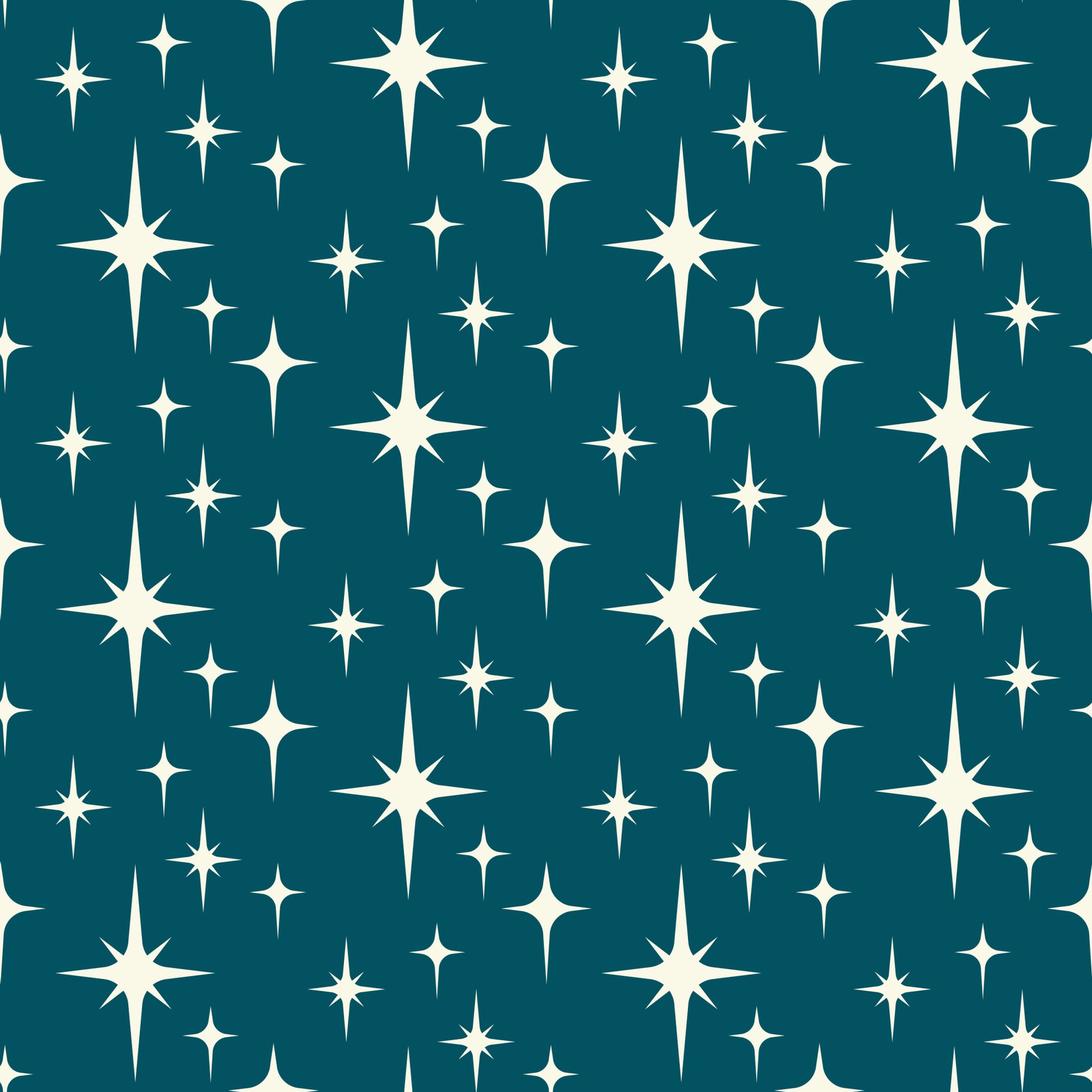 teal background, cream stars, white starbursts, atomic pattern, mid-century modern, retro design, geometric shapes, starburst motifs, quilting cotton, fabric panel, celestial theme, space age style, vintage inspired, repeating pattern, crafting material, sewing fabric, cotton textile, atomic era, modern aesthetic