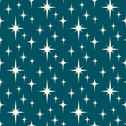teal background, cream stars, white starbursts, atomic pattern, mid-century modern, retro design, geometric shapes, starburst motifs, quilting cotton, fabric panel, celestial theme, space age style, vintage inspired, repeating pattern, crafting material, sewing fabric, cotton textile, atomic era, modern aesthetic