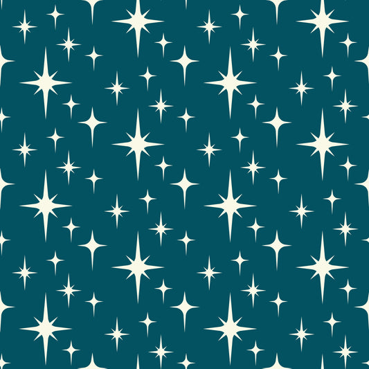 teal background, cream stars, white starbursts, atomic pattern, mid-century modern, retro design, geometric shapes, starburst motifs, quilting cotton, fabric panel, celestial theme, space age style, vintage inspired, repeating pattern, crafting material, sewing fabric, cotton textile, atomic era, modern aesthetic