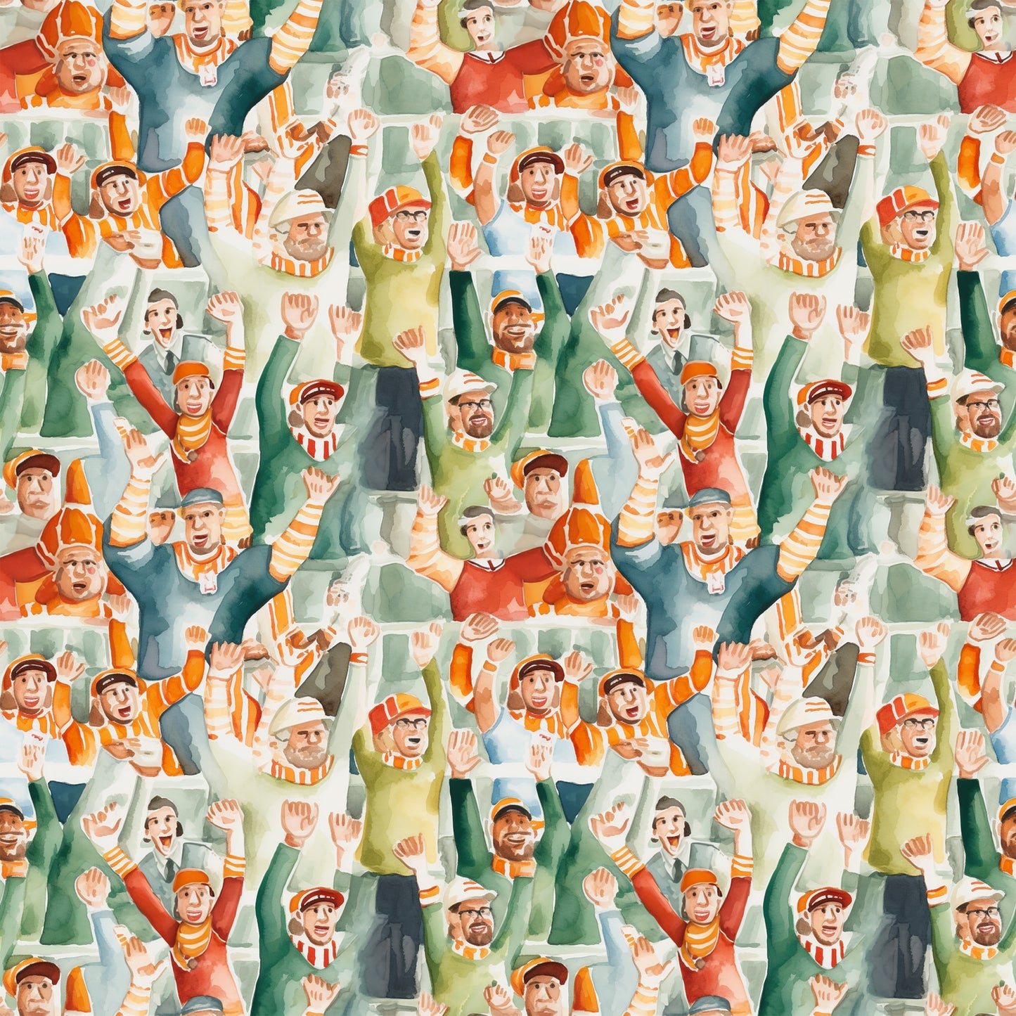 watercolor, football fans, crowd pattern, orange, green, red, yellow, sports theme, cheering people, stadium crowd, quilting cotton, fabric panel, repeating pattern, energetic mood, autumn colors, team spirit, spectators, waving hands, casual clothing, sports enthusiasts
