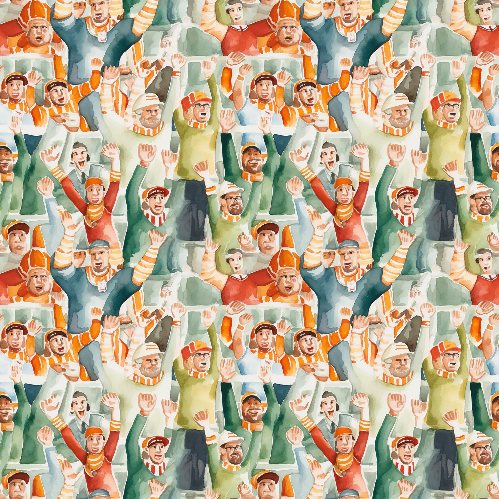 watercolor, football fans, crowd pattern, orange, green, red, yellow, sports theme, cheering people, stadium crowd, quilting cotton, fabric panel, repeating pattern, energetic mood, autumn colors, team spirit, spectators, waving hands, casual clothing, sports enthusiasts