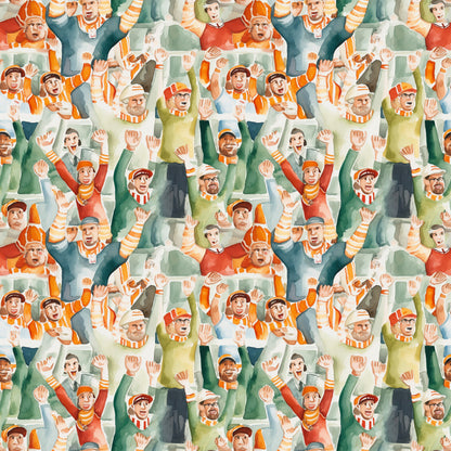 watercolor, football fans, crowd pattern, orange, green, red, yellow, sports theme, cheering people, stadium crowd, quilting cotton, fabric panel, repeating pattern, energetic mood, autumn colors, team spirit, spectators, waving hands, casual clothing, sports enthusiasts