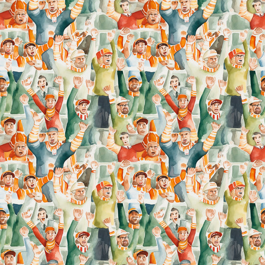 watercolor, football fans, crowd pattern, orange, green, red, yellow, sports theme, cheering people, stadium crowd, quilting cotton, fabric panel, repeating pattern, energetic mood, autumn colors, team spirit, spectators, waving hands, casual clothing, sports enthusiasts