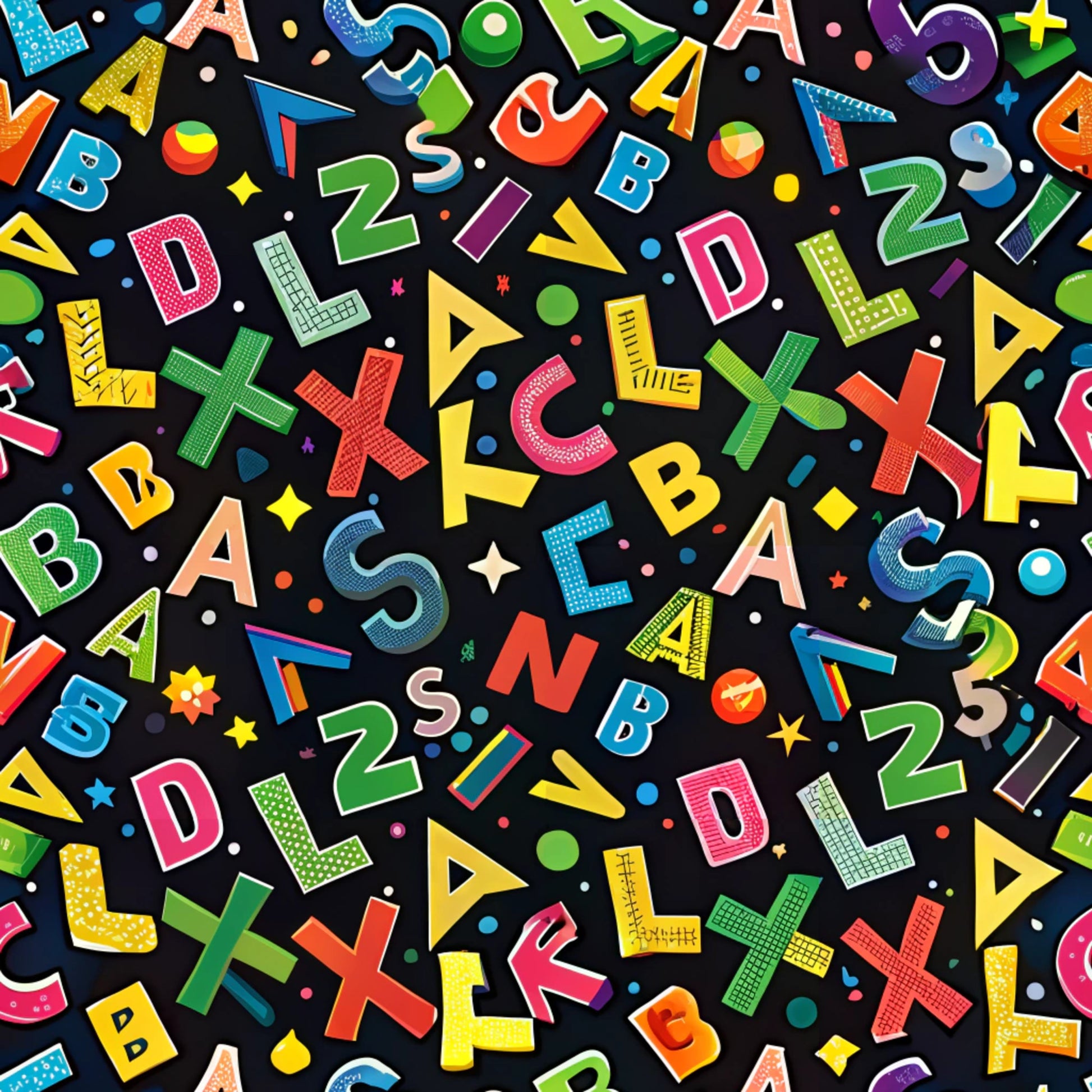 alphabet letters, colorful letters, back to school, educational theme, bright colors, rainbow colors, black background, scattered pattern, learning motif, quilting cotton, fabric panel, children's fabric, school supplies theme, multicolored design, geometric shapes, playful pattern, primary colors, craft fabric, sewing material, vibrant hues