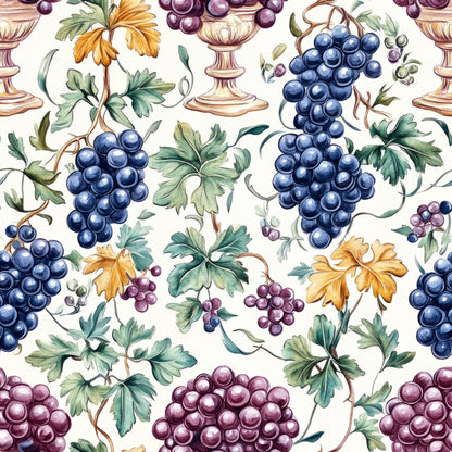 grape clusters, vineyard motif, wine chalices, grapevines, botanical pattern, purple grapes, blue grapes, green leaves, golden leaves, autumn colors, watercolor style, repeating pattern, quilting cotton, fabric panel, harvest theme, wine country, elegant goblets, vine tendrils, seasonal foliage, ornate chalices