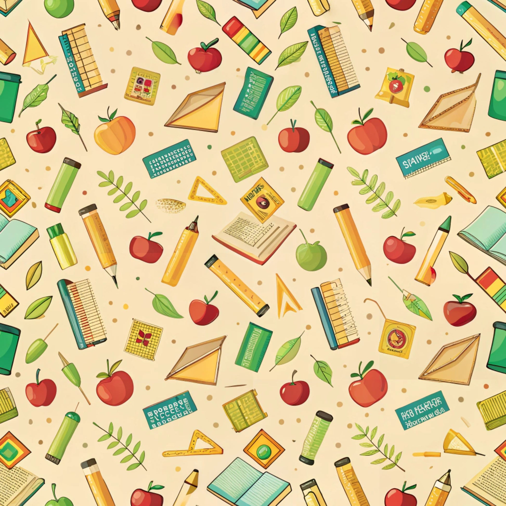 cream background, red apples, green leaves, yellow pencils, school supplies, rulers, triangles, books, educational theme, back to school, scattered pattern, bright colors, teal accents, orange elements, quilting cotton, fabric panel, cheerful design, learning motifs, classroom items, geometric shapes