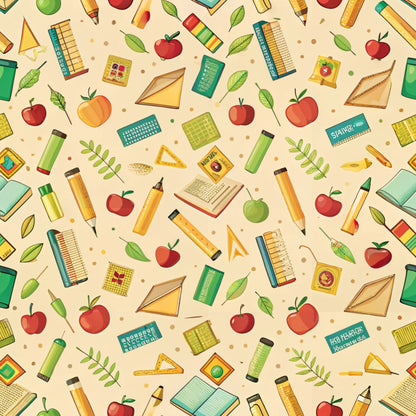 cream background, red apples, green leaves, yellow pencils, school supplies, rulers, triangles, books, educational theme, back to school, scattered pattern, bright colors, teal accents, orange elements, quilting cotton, fabric panel, cheerful design, learning motifs, classroom items, geometric shapes