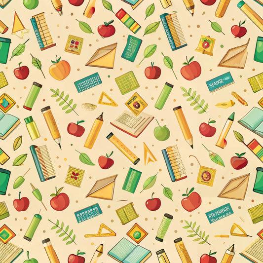 cream background, red apples, green leaves, yellow pencils, school supplies, rulers, triangles, books, educational theme, back to school, scattered pattern, bright colors, teal accents, orange elements, quilting cotton, fabric panel, cheerful design, learning motifs, classroom items, geometric shapes
