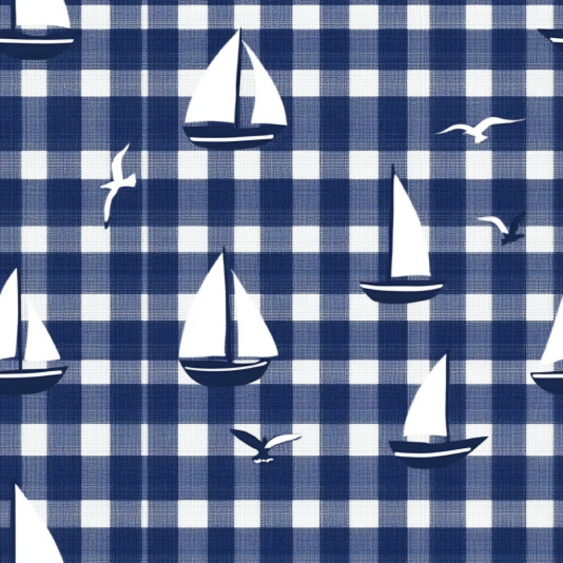 navy blue, white, gingham pattern, checkered background, sailboats, seagulls, nautical theme, maritime motifs, sailing vessels, birds in flight, ocean theme, coastal design, quilting cotton, fabric panel, blue and white, geometric checks, watercraft, nautical silhouettes, marine life, seaside pattern