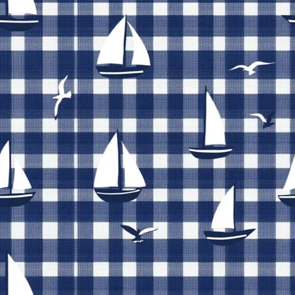 navy blue, white, gingham pattern, checkered background, sailboats, seagulls, nautical theme, maritime motifs, sailing vessels, birds in flight, ocean theme, coastal design, quilting cotton, fabric panel, blue and white, geometric checks, watercraft, nautical silhouettes, marine life, seaside pattern