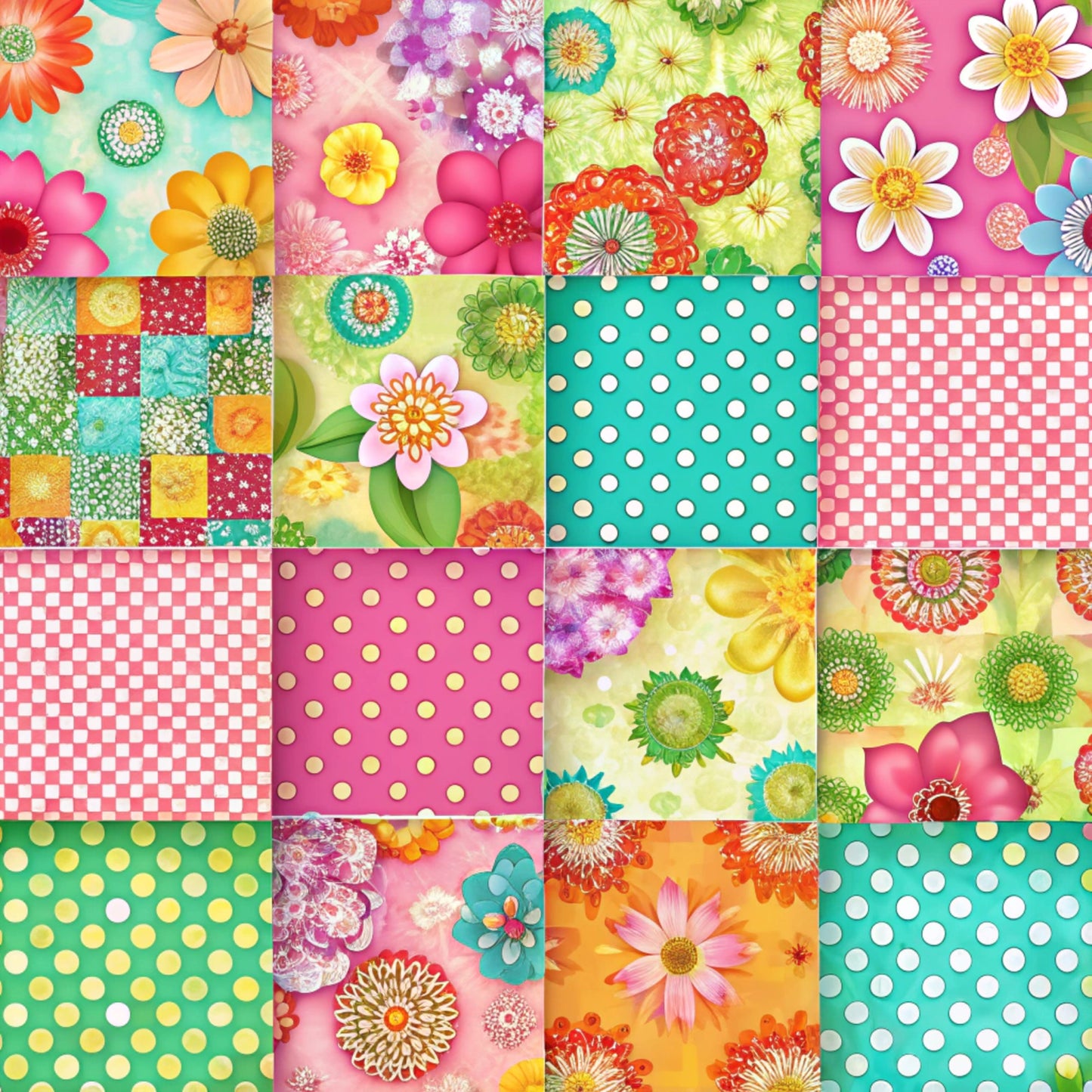spring flowers, patchwork squares, quilting cotton, fabric panel, floral motifs, polka dots, checkered pattern, pink, turquoise, green, orange, yellow, bright colors, daisy flowers, geometric blocks, cheerful mood, vibrant hues, cotton fabric, pieced squares, colorful blooms