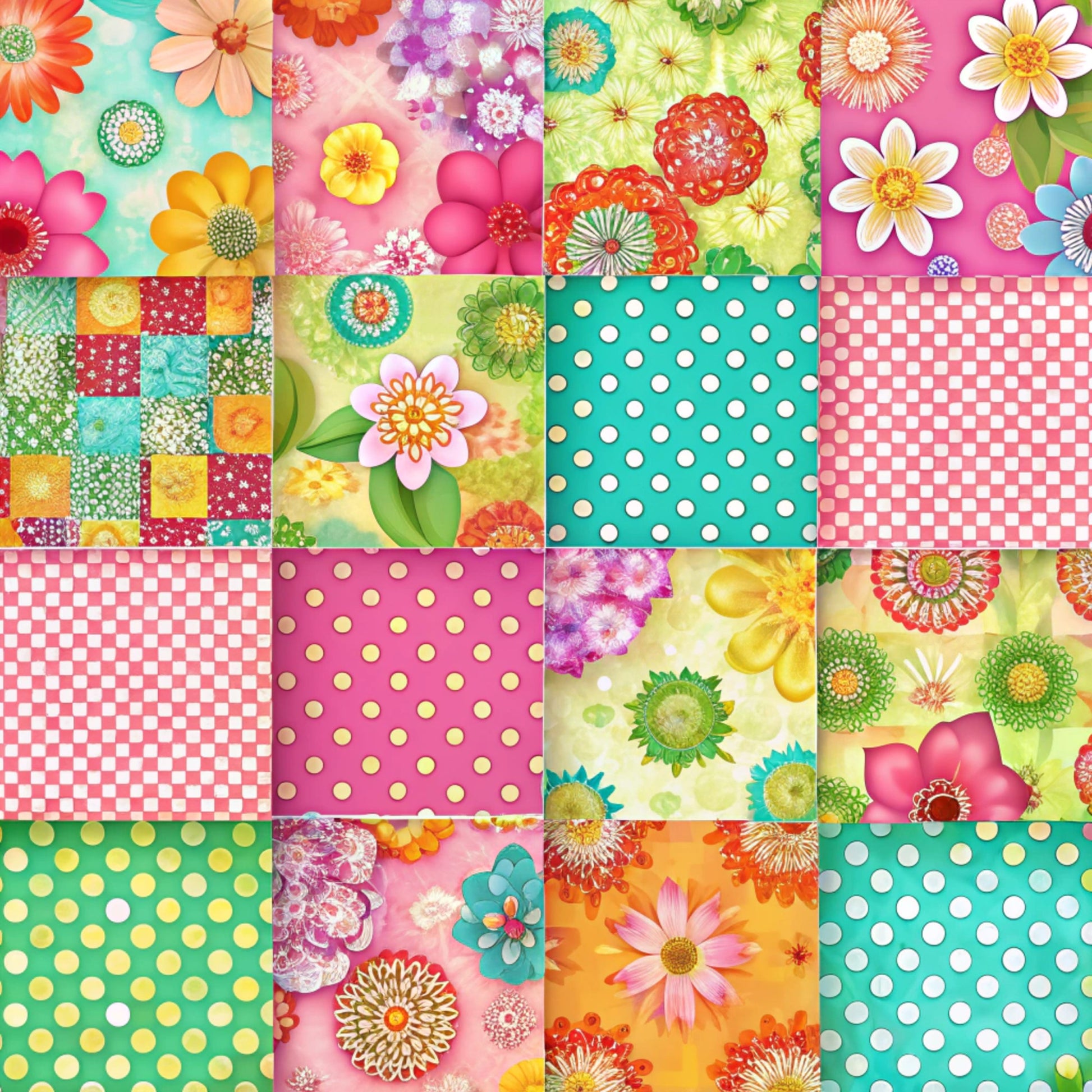 spring flowers, patchwork squares, quilting cotton, fabric panel, floral motifs, polka dots, checkered pattern, pink, turquoise, green, orange, yellow, bright colors, daisy flowers, geometric blocks, cheerful mood, vibrant hues, cotton fabric, pieced squares, colorful blooms