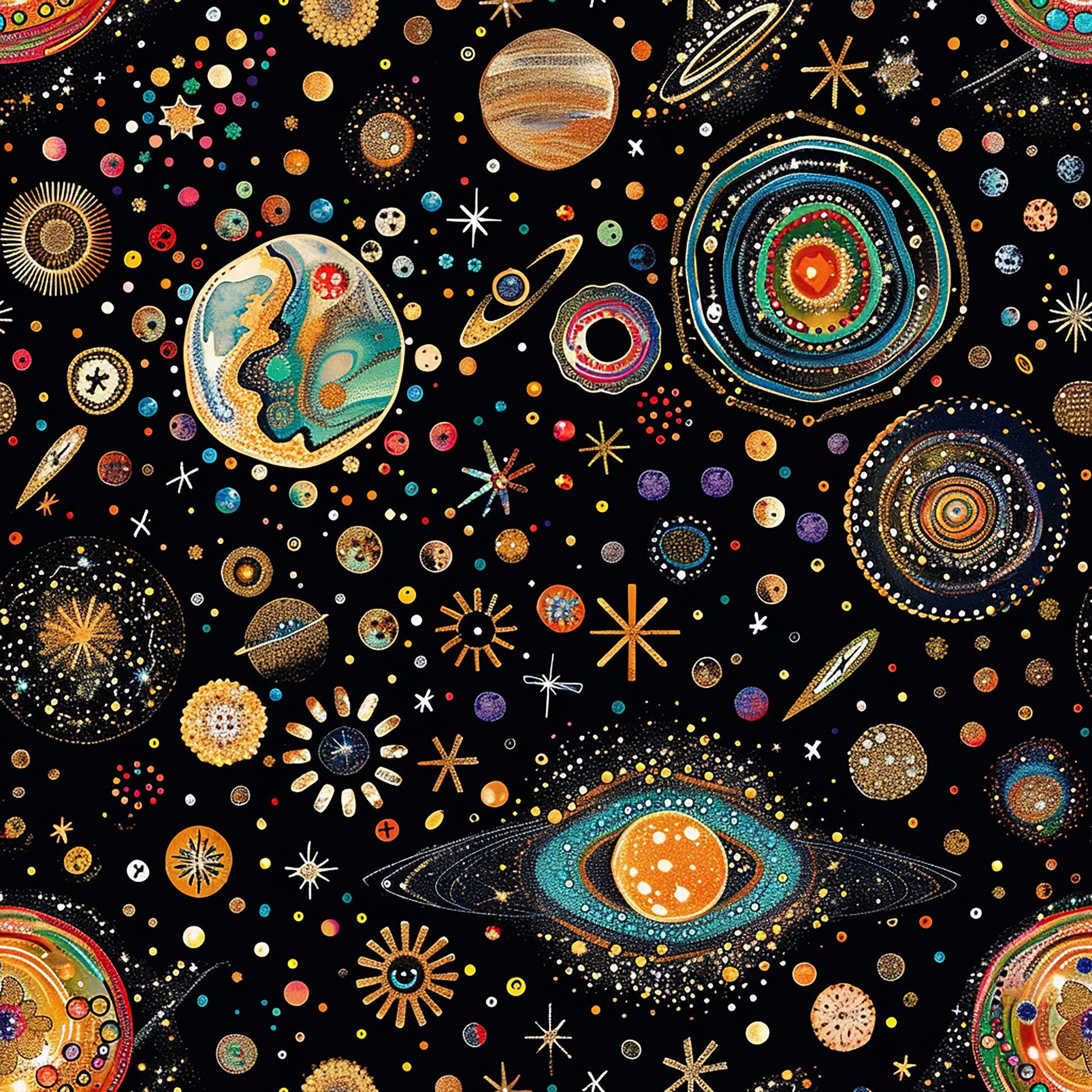 cosmic, celestial, planets, stars, solar system, space theme, black background, orange, blue, teal, gold, multicolored, geometric circles, astronomy, universe, quilting cotton, fabric panel, whimsical art, decorative motifs, scattered pattern