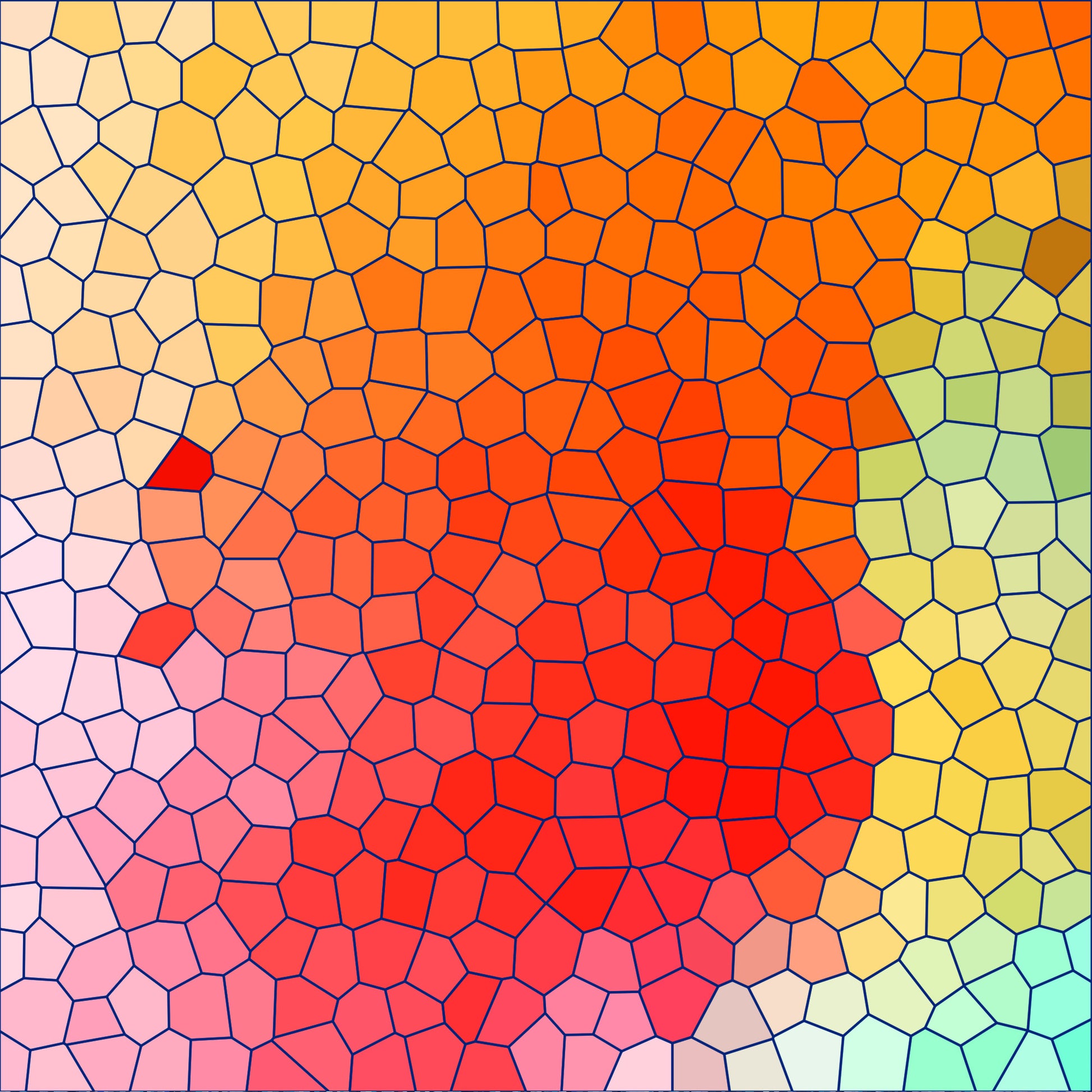 mosaic pattern, stained glass, geometric shapes, red center, orange gradient, yellow tones, pink shades, green accents, blue highlights, purple edges, radial design, cellular pattern, honeycomb texture, warm colors, cool colors, abstract art, quilting cotton, fabric panel, craft material, patchwork design