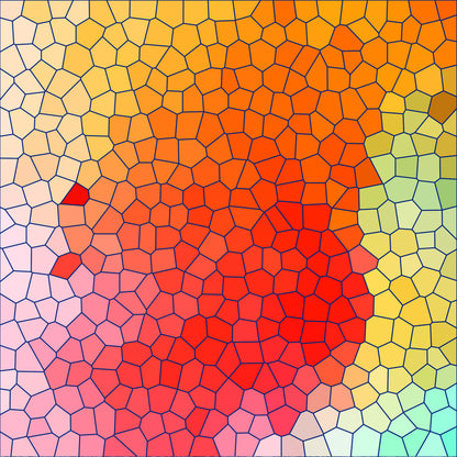 mosaic pattern, stained glass, geometric shapes, red center, orange gradient, yellow tones, pink shades, green accents, blue highlights, purple edges, radial design, cellular pattern, honeycomb texture, warm colors, cool colors, abstract art, quilting cotton, fabric panel, craft material, patchwork design