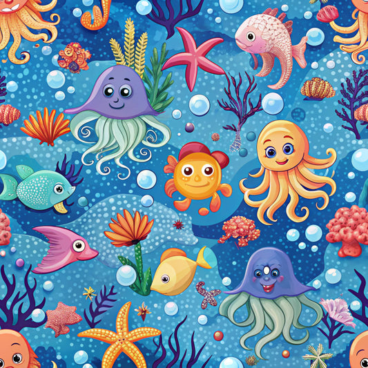 - Magical Sea Pattern 13 Quilting Cotton Fabric  
- ocean life  
- underwater creatures  
- colorful sea animals  
- coral reef  
- starfish  
- jellyfish  
- fish  
- bubbles  
- aquatic  
- blue background  
- vibrant  
- playful  
- bright colors  
- soft cotton  
- quilting fabric  
- marine theme  
- whimsical  
- textile