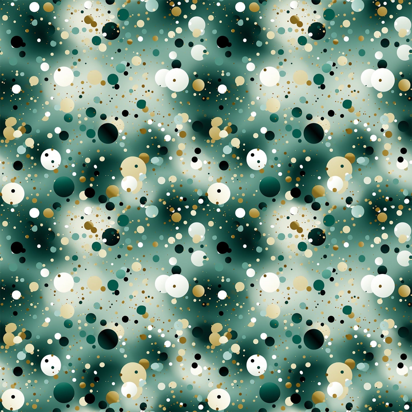 green, teal, emerald, white, cream, beige, black, gold, confetti pattern, scattered circles, polka dots, abstract design, geometric shapes, modern style, festive, celebratory, quilting cotton, fabric panel, party theme, contemporary pattern, bubble design, random placement, multi-sized dots