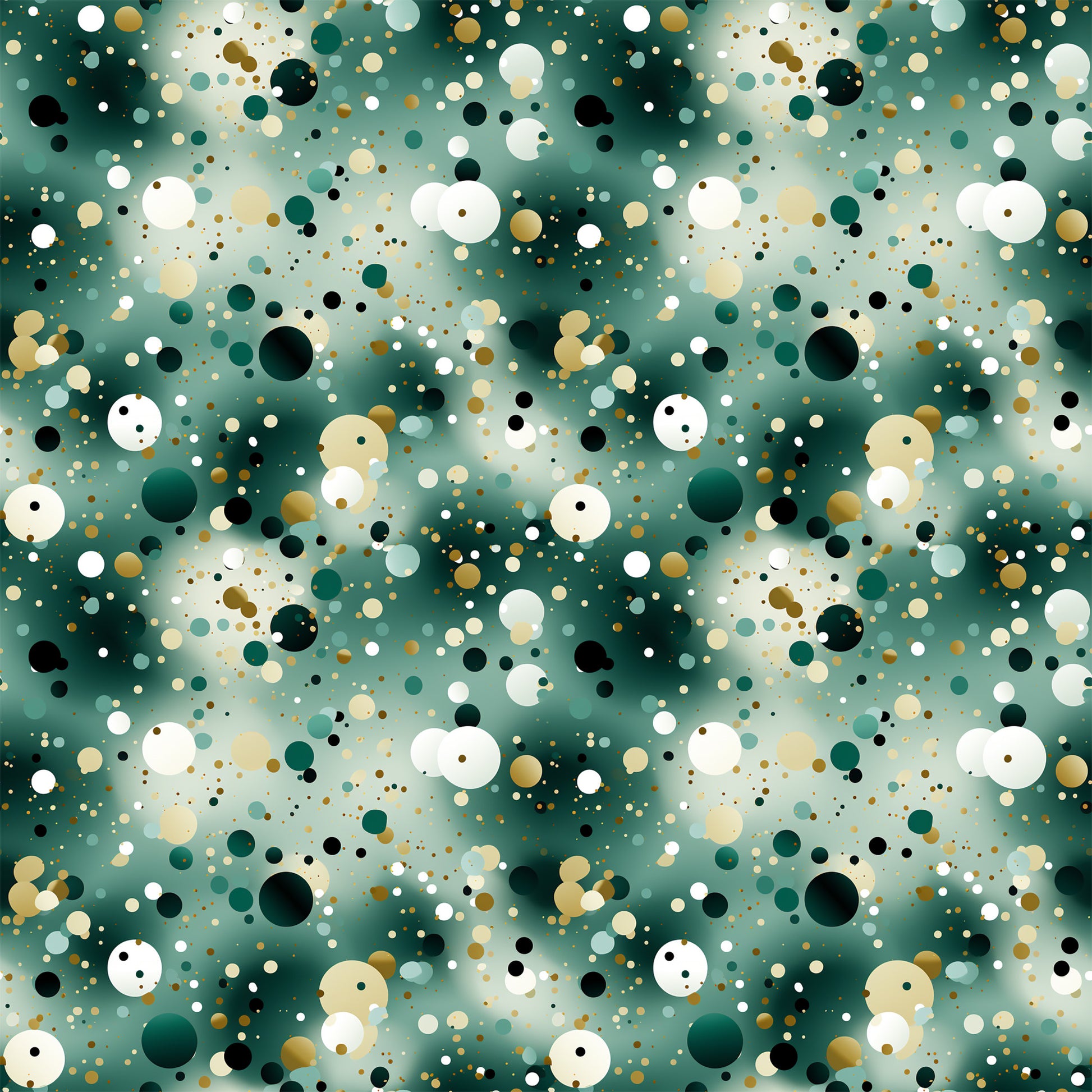 green, teal, emerald, white, cream, beige, black, gold, confetti pattern, scattered circles, polka dots, abstract design, geometric shapes, modern style, festive, celebratory, quilting cotton, fabric panel, party theme, contemporary pattern, bubble design, random placement, multi-sized dots