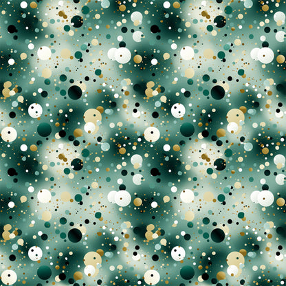 green, teal, emerald, white, cream, beige, black, gold, confetti pattern, scattered circles, polka dots, abstract design, geometric shapes, modern style, festive, celebratory, quilting cotton, fabric panel, party theme, contemporary pattern, bubble design, random placement, multi-sized dots