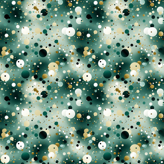 green, teal, emerald, white, cream, beige, black, gold, confetti pattern, scattered circles, polka dots, abstract design, geometric shapes, modern style, festive, celebratory, quilting cotton, fabric panel, party theme, contemporary pattern, bubble design, random placement, multi-sized dots