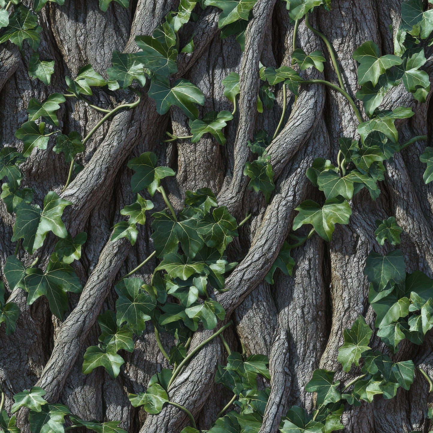 forest green, brown bark, ivy leaves, climbing vines, tree trunks, nature camouflage, woodland pattern, realistic foliage, outdoor hunting, earth tones, botanical design, quilting cotton, fabric panel, camouflage print, natural textures, forest scene, green leaves, bark texture, hunting camo, wilderness theme