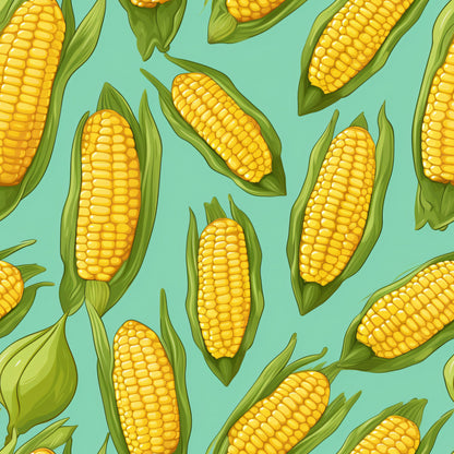 corn pattern, yellow kernels, green husks, turquoise background, mint green, golden yellow, vegetable motif, farm theme, harvest design, quilting cotton, fabric panel, agricultural pattern, food illustration, scattered corn cobs, bright colors, summer produce, botanical design, kitchen theme, gardening motif