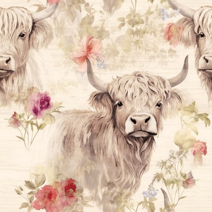 highland cattle, cream background, floral elements, pink flowers, purple blooms, watercolor style, shaggy fur, horned cattle, botanical pattern, quilting cotton, fabric panel, pastoral theme, soft colors, muted tones, farmyard animals, gentle mood, long-haired cows, scattered florals, neutral palette, rustic charm