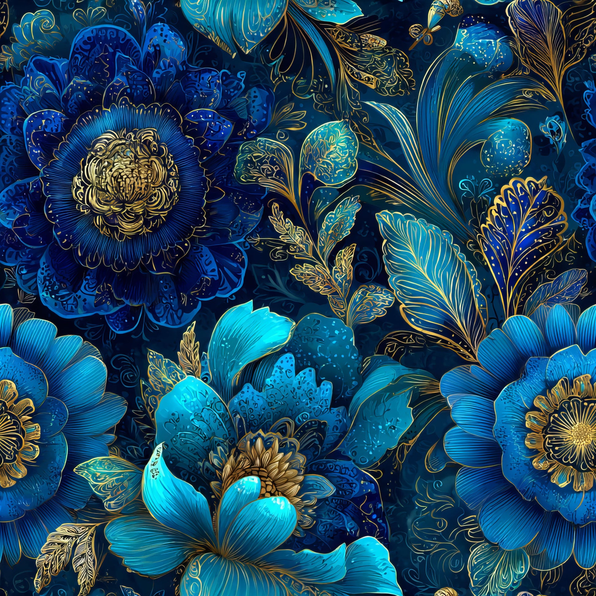 navy blue, turquoise, gold accents, ornamental flowers, decorative blooms, intricate petals, botanical design, luxurious pattern, detailed foliage, quilting cotton, fabric panel, floral motifs, elegant styling, rich blues, metallic highlights, layered flowers, decorative leaves, sophisticated design, ornate pattern, textile art
