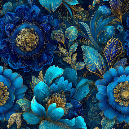 navy blue, turquoise, gold accents, ornamental flowers, decorative blooms, intricate petals, botanical design, luxurious pattern, detailed foliage, quilting cotton, fabric panel, floral motifs, elegant styling, rich blues, metallic highlights, layered flowers, decorative leaves, sophisticated design, ornate pattern, textile art