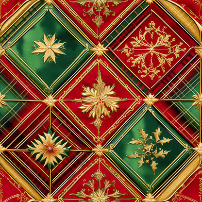 red, green, gold, christmas, holiday, quilting cotton, fabric panel, diamond pattern, geometric design, ornate motifs, decorative stars, flourishes, baroque elements, metallic accents, festive, seasonal, coordinating colors, repeating pattern, cotton fabric, craft material
