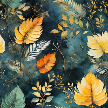 teal blue, golden yellow, orange, cream, tropical leaves, palm fronds, feathers, botanical pattern, watercolor style, autumn colors, quilting cotton, fabric panel, nature motif, organic shapes, warm tones, cool blues, flowing design, tropical theme, artistic illustration, craft fabric